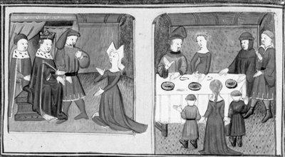 V Dekameronu Giletta žádá krále, aby jí dovolil provdat se za Beltrama di Rossiglione; Giletta Beltrama obdaruje svými dětmi. Třetí den, povídka 9 od Giovanni Boccaccio