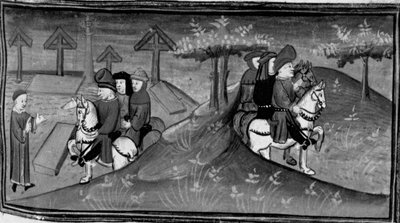 Dekameron, Betto Brunelleschi a jeho brigáda se setkávají s Guidem Cavalcantim; Betto vysvětluje Guidova slova svým přátelům. Den šestý, zpráva č. 9 od Giovanni Boccaccio