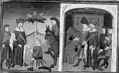 V Dekameronu Ruggieri opouští krále Alfonsa; král vyzve Ruggieriho, aby si vybral mezi dvěma truhlicemi. Desátý den, povídka 1 od Giovanni Boccaccio