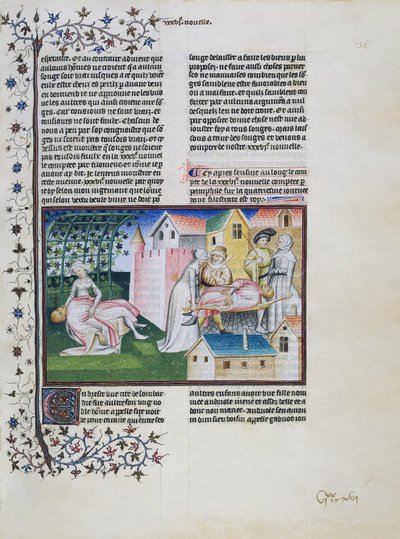 Gabriotto umírá v náručí Andreuoly, Andreuola přivádí jeho tělo domů a je zatčena, Andreuola je prohlášena za nevinnou a stává se jeptiškou, miniaturou Dekameronu, čtvrtý den, šestý příběh, od Giovanniho Boccaccia (1313-1375) od Giovanni Boccaccio