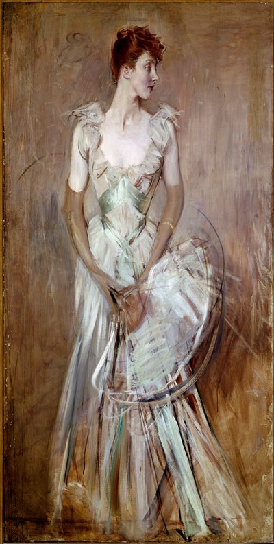 Krásné období: “” Portrét hraběnky z Leusse rozené Berthier””” Žena v elegantních bílých večerních šatech. Obraz Giovanniho Boldiniho (1842-1931) Sun. 200x105 cm Pistoia, kolekce Boldini od Giovanni Boldini