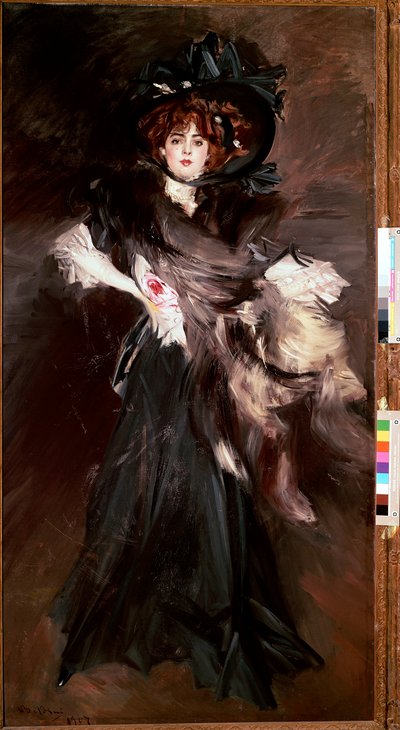 Portrét mademoiselle Lantelme Mladá žena se obléká do černé módy Belle Epoque. Obraz Giovanni Boldini (1842-1931) 1907 Ne. 227x118 cm Řím, Galleria Nazionale d