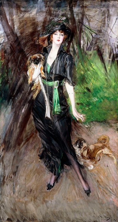 Portrét dámy, Lina Bilitis, se dvěma Pekinézy, 1913 od Giovanni Boldini