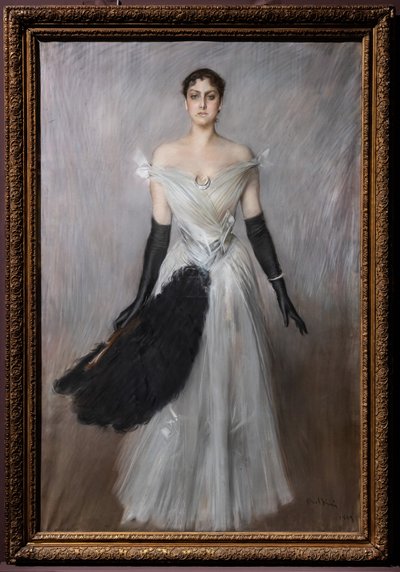Portrét dámy v bílém s rukavicemi a ventilátorem od Giovanni Boldini