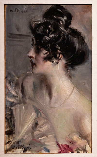 Profil mladé brunetky s vlasy v drdolu od Giovanni Boldini