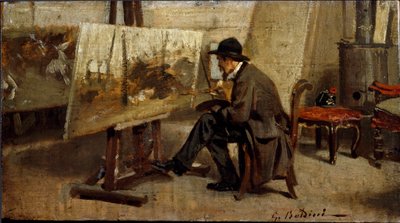 Malíř Giovanni Fattori ve své dílně Painting připisoval Giovanni Boldinimu (1842-1931) 1863-1869 Sun. 13x24 cm soukromá sbírka Milán od Giovanni Boldini