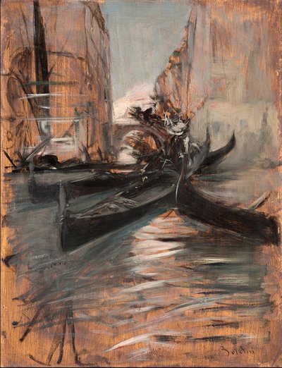 Pohled na kanál v Benátkách s gondolami (Benátský kanál a gondoly) Obraz Giovanni Boldini (1842-1931) 1910-1914 Soukromá sbírka od Giovanni Boldini