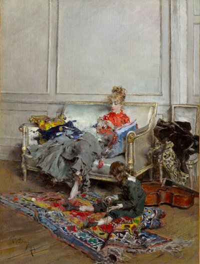 Mladá žena háčkující od Giovanni Boldini
