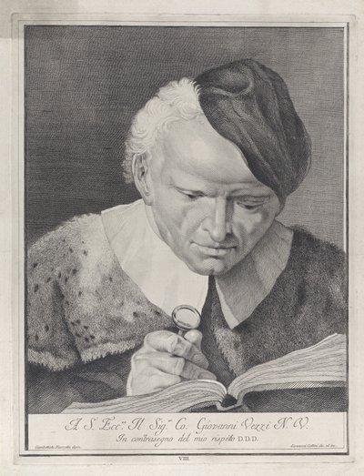 Muž v klobouku čte knihu s lupou, 1743. od Giovanni Cattini