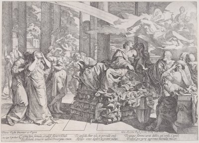 Sebevražda Dido, která leží na hranici uprostřed, obklopená mnoha postavami, 1650-55. od Giovanni Cesare Testa