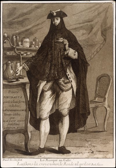 Muž v masce pije šálek kávy Le Masque au Caffé, 1775. od Giovanni David