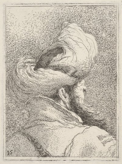 Vousatý muž v turbanu, zobrazený jako busta zezadu ve tříčtvrtečním pohledu, ze „Sbírky hlav“ (Raccolta di teste) od Giovanni Domenico Tiepolo