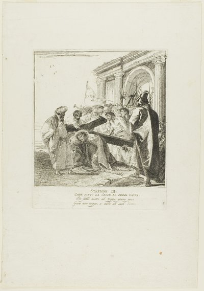 Kristus poprvé padá pod křížem, třetí deska z křížové cesty od Giovanni Domenico Tiepolo