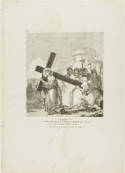 Kristu pomáhá Šimon z Kyrény, pátá deska z křížové cesty od Giovanni Domenico Tiepolo