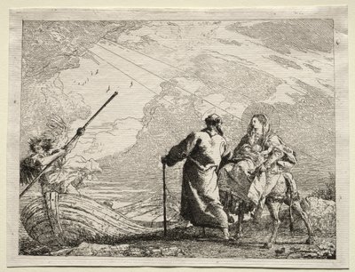 Let do Egypta: Svatá rodina přijíždí na břeh řeky od Giovanni Domenico Tiepolo