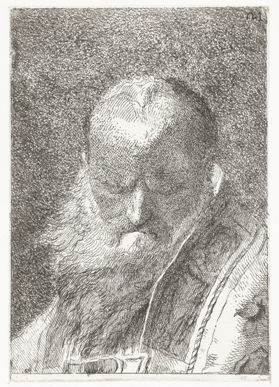 Klerik s holou hlavou v ornátu Sbírka hlav (název série) Raccolta di Teste (název série) od Giovanni Domenico Tiepolo