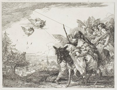 Josef se klaní dítěti, které drží v Mariině náručí, deska 9 z knihy Útěk do Egypta od Giovanni Domenico Tiepolo