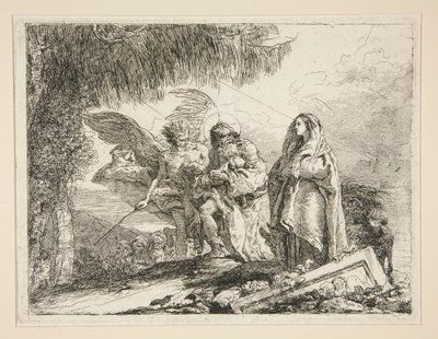 Joseph nesoucí Ježíše v náručí, ze série Idee pittoresche sopra la fuga in Egitto (Útěk do Egypta) od Giovanni Domenico Tiepolo