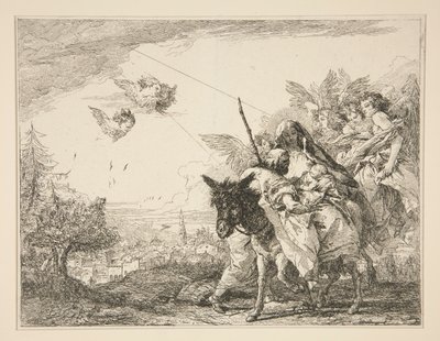 Josef uvažuje o Jezulátku ze série Malebné představy o útěku do Egypta (Flight into Egypt) od Giovanni Domenico Tiepolo