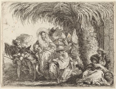 Josef klečí s dítětem před Marií na oslu od Giovanni Domenico Tiepolo
