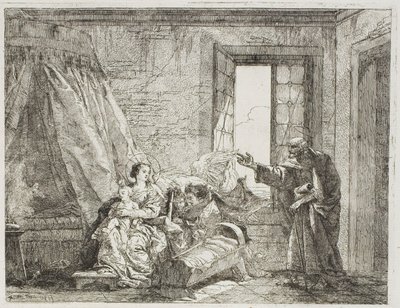 Joseph říká Mary o jejich nadcházejícím odjezdu, deska čtyři z Útěk do Egypta od Giovanni Domenico Tiepolo