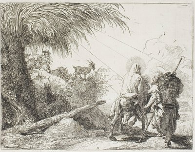 Josef a Marie procházející kolem pastýře a jeho stáda, deska jedenáct z Útěk do Egypta od Giovanni Domenico Tiepolo