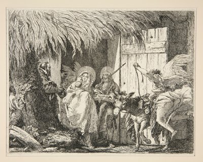 Josef a Marie před domem, ze série Idee pittoresche sopra la fuga in Egitto (Útěk do Egypta) od Giovanni Domenico Tiepolo