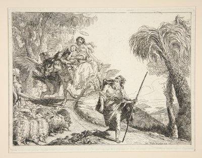 Josef s pannou a dítětem, ze série Idee pittoresche sopra la fuga in Egitto (Útěk do Egypta) od Giovanni Domenico Tiepolo