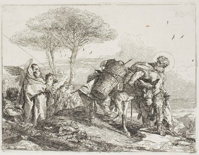 Marie, s pomocí dvou andělů, následuje Josefa s oslem, deska 25 z Útěk do Egypta od Giovanni Domenico Tiepolo