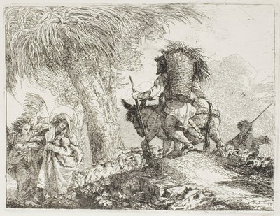 Marie, s pomocí anděla, a Josef nesoucí košík, míjející stádo, deska 24 z Útěk do Egypta od Giovanni Domenico Tiepolo