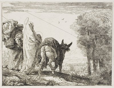 Marie držící dítě v náručí a Josef s košíkem, deska deset z Útěk do Egypta od Giovanni Domenico Tiepolo