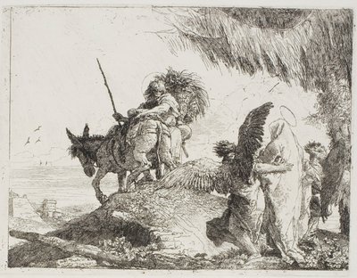 Marie, podporovaná dvěma anděly, následuje Josefa, deska 26 z Útěk do Egypta od Giovanni Domenico Tiepolo