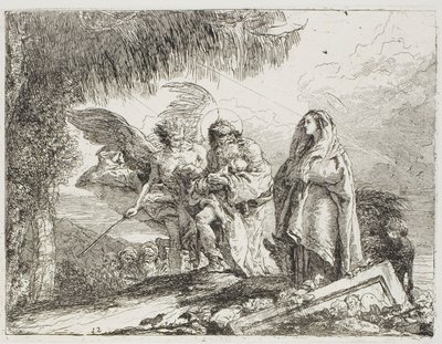 Marie a Josef, držící dítě, jsou doprovázeni andělem, deska dvanáct z Útěk do Egypta od Giovanni Domenico Tiepolo