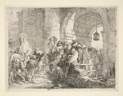 Příchod Svaté rodiny k bráně města, ze série Idee pittoresche sopra la fuga in Egitto (Útěk do Egypta) od Giovanni Domenico Tiepolo