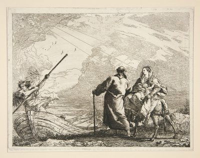 Svatá rodina přichází k břehu řeky, ze série Idee pittoresche sopra la fuga in Egitto (Útěk do Egypta) od Giovanni Domenico Tiepolo