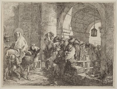 Svatá rodina přichází k městské bráně od Giovanni Domenico Tiepolo