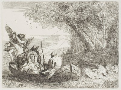 Svatá rodina překračující jezero ve člunu, deska sedmnáctá z filmu Útěk do Egypta od Giovanni Domenico Tiepolo