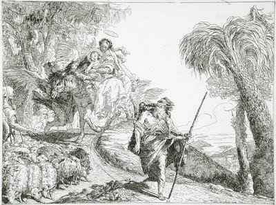 Svatá rodina sestupující lesní cestou poblíž stáda a několika pastýřů od Giovanni Domenico Tiepolo