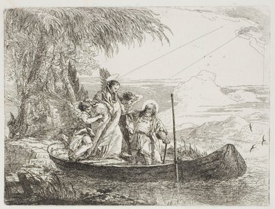 Svatá rodina nastupuje s pomocí andělů na loď, deska šestnáctá z Útěk do Egypta od Giovanni Domenico Tiepolo