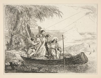 Svatá rodina vchází na loď, ze série Idee pittoresche sopra la fuga in Egitto (Útěk do Egypta) od Giovanni Domenico Tiepolo