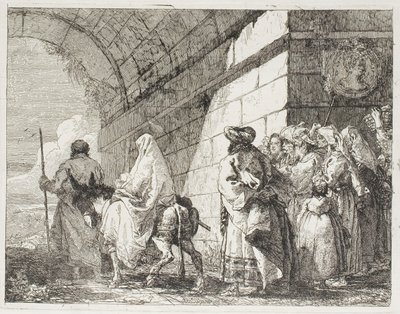 Svatá rodina odchází městskou bránou, deska sedm z Útěk do Egypta od Giovanni Domenico Tiepolo