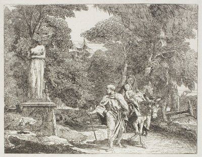 Svatá rodina předává sochu, jejíž hlava padá na zem, deska 22 z Útěk do Egypta od Giovanni Domenico Tiepolo