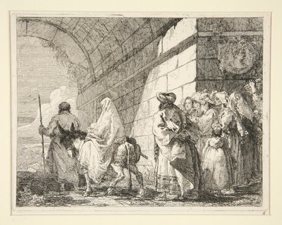 Svatá rodina procházející pod obloukem, odcházející městskou bránou, ze série Idee pittoresche sopra la fuga in Egitto (Útěk do Egypta) od Giovanni Domenico Tiepolo