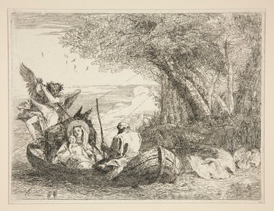 Svatá rodina na cestě lodí, ze série Idee pittoresche sopra la fuga in Egitto (Útěk do Egypta) od Giovanni Domenico Tiepolo