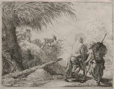 Svatá rodina na skalnaté cestě, ze série Idee pittoresche sulla fuga in Egitto (Útěk do Egypta) od Giovanni Domenico Tiepolo