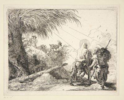 Svatá rodina na skalnaté cestě, ze série Idee pittoresche sulla fuga in Egitto (Útěk do Egypta) od Giovanni Domenico Tiepolo