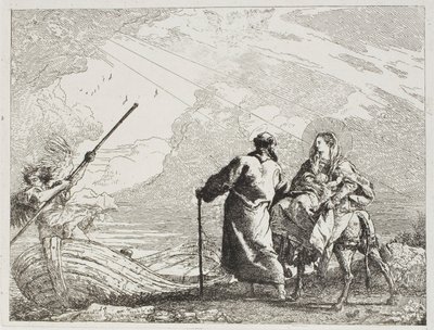 Svatá rodina na břehu řeky, deska čtrnáctá z Útěk do Egypta od Giovanni Domenico Tiepolo