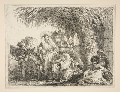 Svatá rodina pod palmou, ze série Idee pittoresche sopra la fuga in Egitto (Útěk do Egypta) od Giovanni Domenico Tiepolo