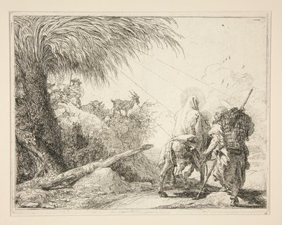 Panna, nasednutá na osla a při pohledu zezadu, ze série Idee pittoresche sopra la fuga in Egitto (Útěk do Egypta) od Giovanni Domenico Tiepolo