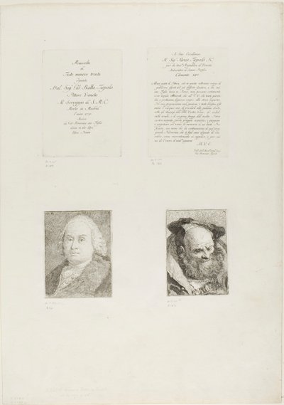Titulní strana, věnování, portrét Giambattisty Tiepola, vousatého staříka od Giovanni Domenico Tiepolo